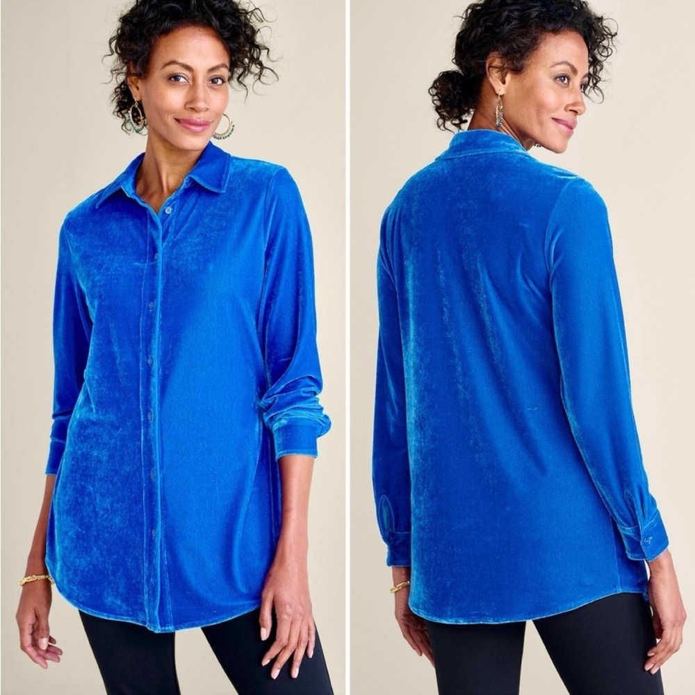 Soft Surroundings Velvet Boyfriend Tunic Top Cobalt Button Up Stretch sz small